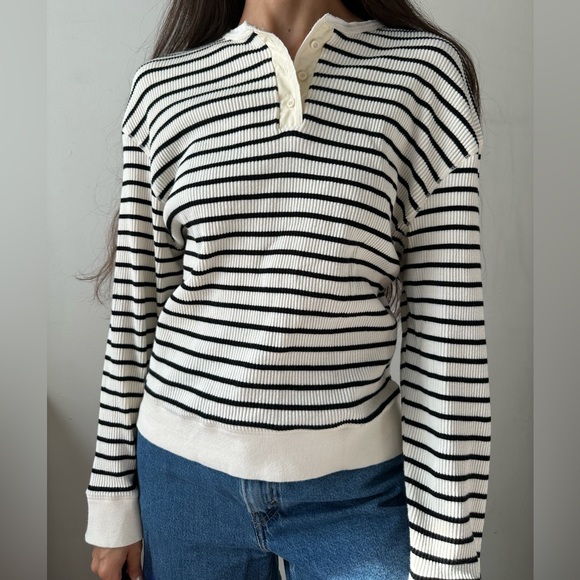 Tops - Tillidie Till I Die Striped Long Sleeve Henley Top White/Black Wconcept